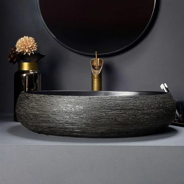 Modern Bathroom Sink Black Oval Ceramic Bathroom Sink with Tap -Bathlova