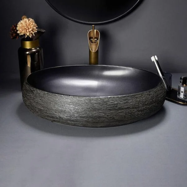 Modern Bathroom Sink Black Oval Ceramic Bathroom Sink with Tap -Bathlova