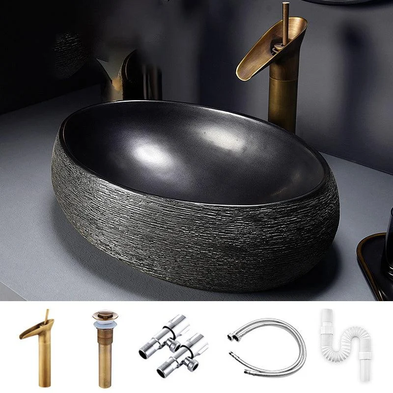 Modern Bathroom Sink Black Oval Ceramic Bathroom Sink with Tap -Bathlova