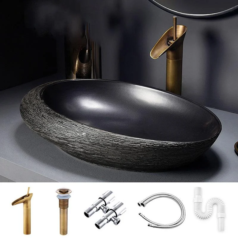 Modern Bathroom Sink Black Oval Ceramic Bathroom Sink with Tap -Bathlova