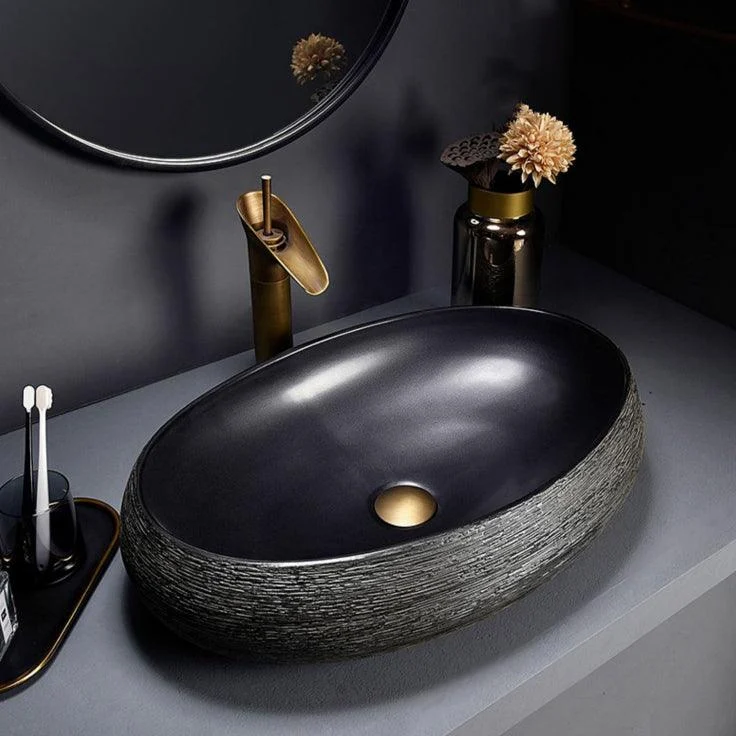 Modern Bathroom Sink Black Oval Ceramic Bathroom Sink with Tap -Bathlova