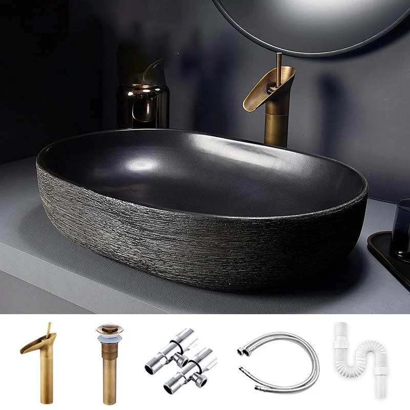 Modern Bathroom Sink Black Oval Ceramic Bathroom Sink with Tap -Bathlova