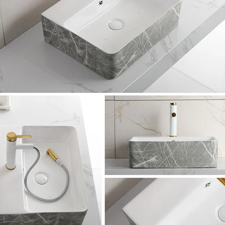 Modern Bathroom Sink Ceramic Marble Pattern Round Bathroom Sink with Pulling Tap -Bathlova