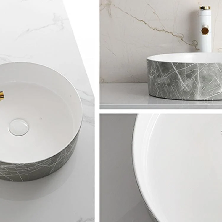 Modern Bathroom Sink Ceramic Marble Pattern Round Bathroom Sink with Pulling Tap -Bathlova