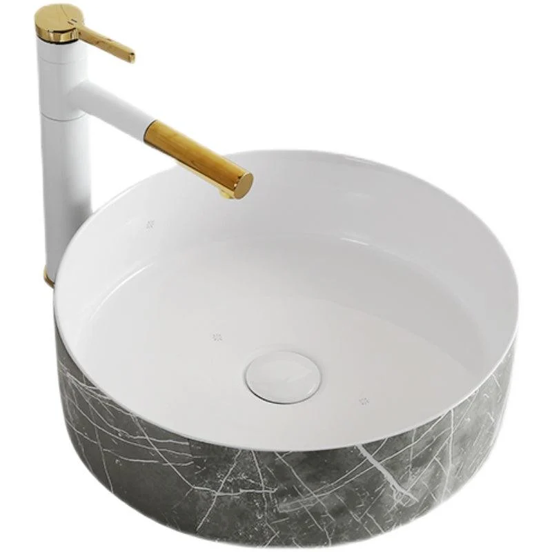 Modern Bathroom Sink Ceramic Marble Pattern Round Bathroom Sink with Pulling Tap -Bathlova