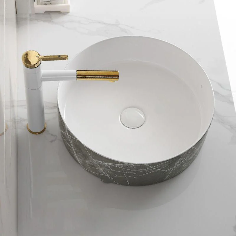 Modern Bathroom Sink Ceramic Marble Pattern Round Bathroom Sink with Pulling Tap -Bathlova