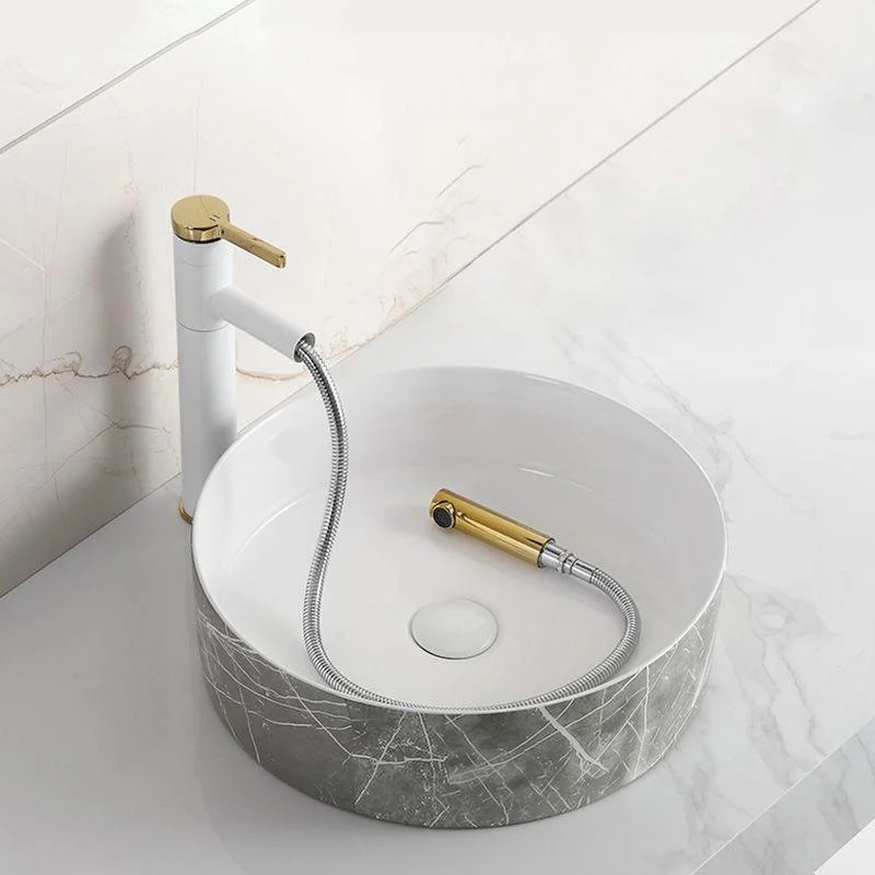 Modern Bathroom Sink Ceramic Marble Pattern Round Bathroom Sink with Pulling Tap -Bathlova