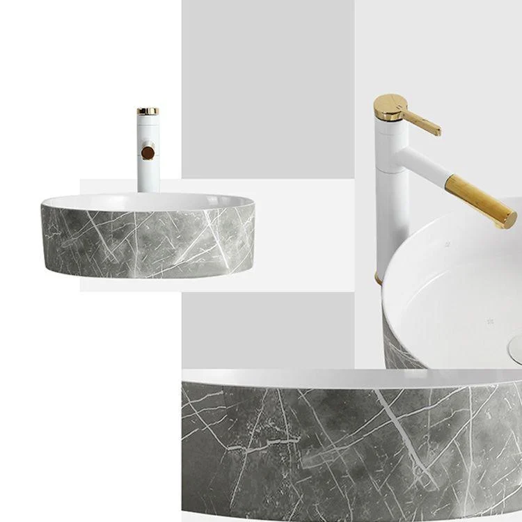 Modern Bathroom Sink Ceramic Marble Pattern Round Bathroom Sink with Pulling Tap -Bathlova