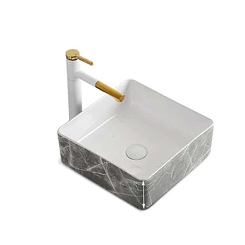 Modern Bathroom Sink Ceramic Marble Pattern Round Bathroom Sink with Pulling Tap -Bathlova