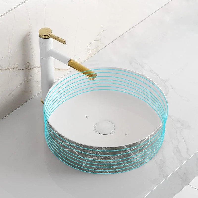 Modern Bathroom Sink Ceramic Marble Pattern Round Bathroom Sink with Pulling Tap -Bathlova