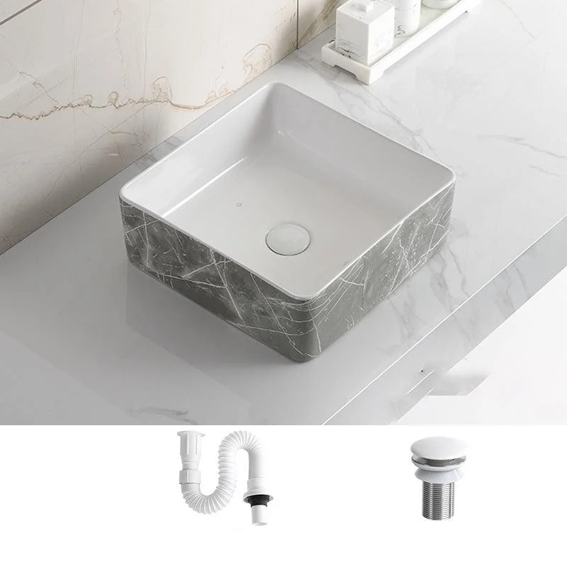 Modern Bathroom Sink Ceramic Marble Pattern Round Bathroom Sink with Pulling Tap -Bathlova