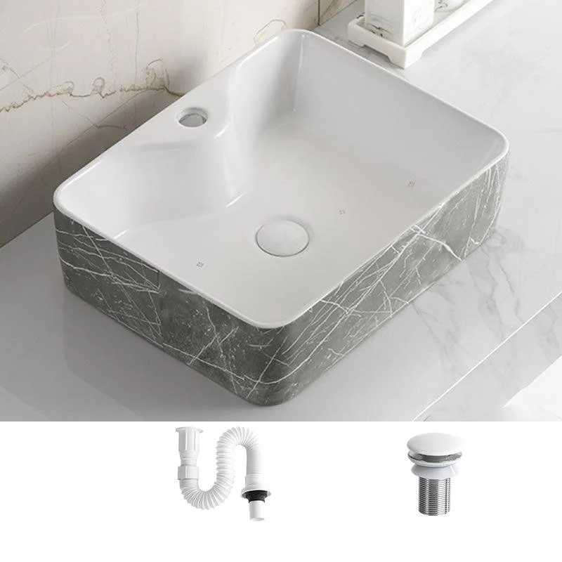 Modern Bathroom Sink Ceramic Marble Pattern Round Bathroom Sink with Pulling Tap -Bathlova