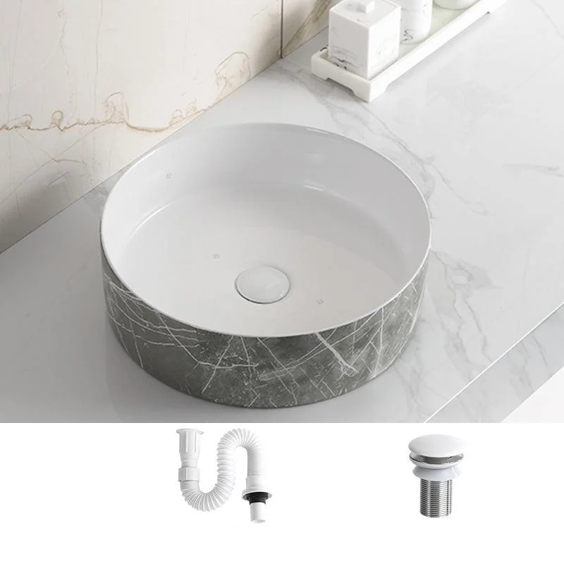 Modern Bathroom Sink Ceramic Marble Pattern Round Bathroom Sink with Pulling Tap -Bathlova