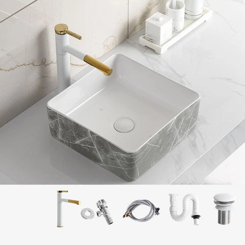 Modern Bathroom Sink Ceramic Marble Pattern Round Bathroom Sink with Pulling Tap -Bathlova