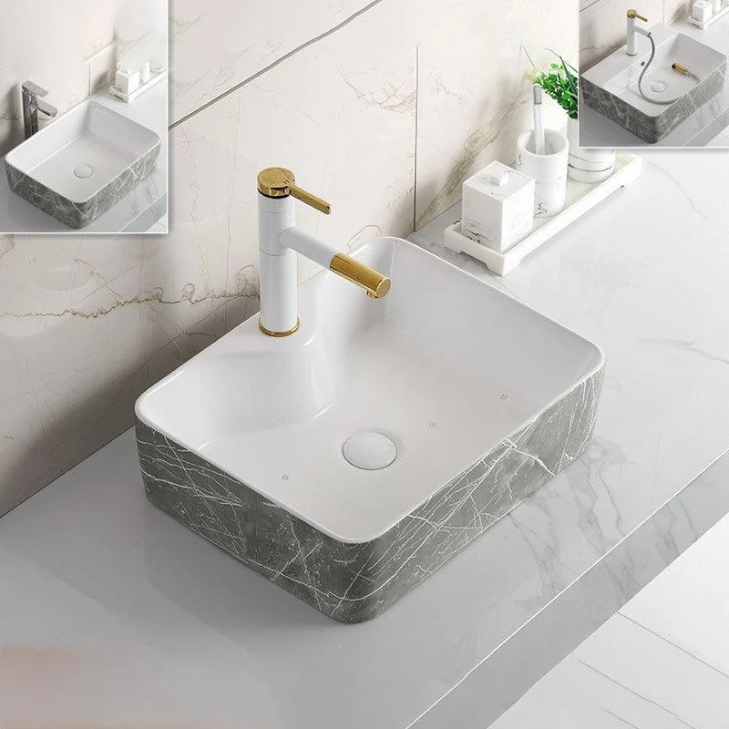 Modern Bathroom Sink Ceramic Marble Pattern Round Bathroom Sink with Pulling Tap -Bathlova