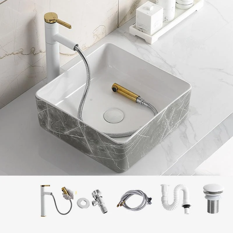 Modern Bathroom Sink Ceramic Marble Pattern Round Bathroom Sink with Pulling Tap -Bathlova