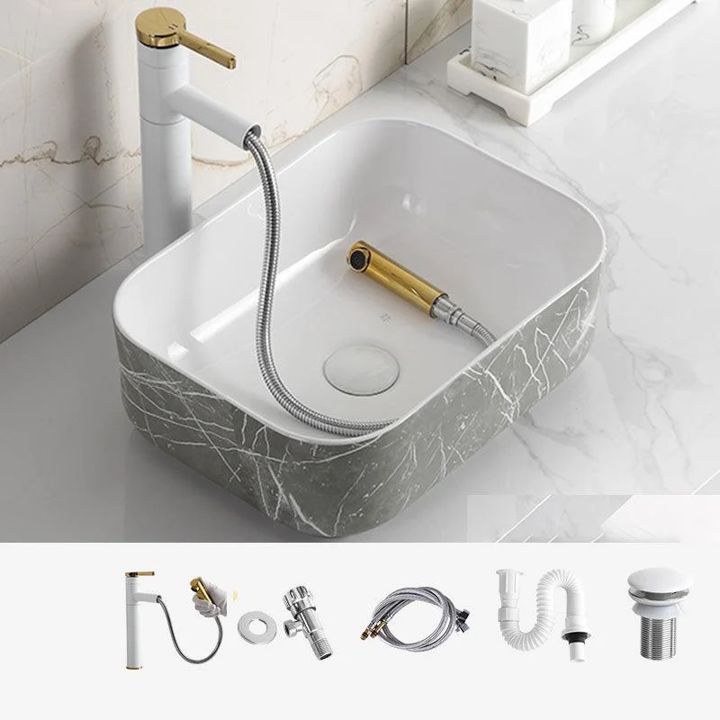 Modern Bathroom Sink Ceramic Marble Pattern Round Bathroom Sink with Pulling Tap -Bathlova