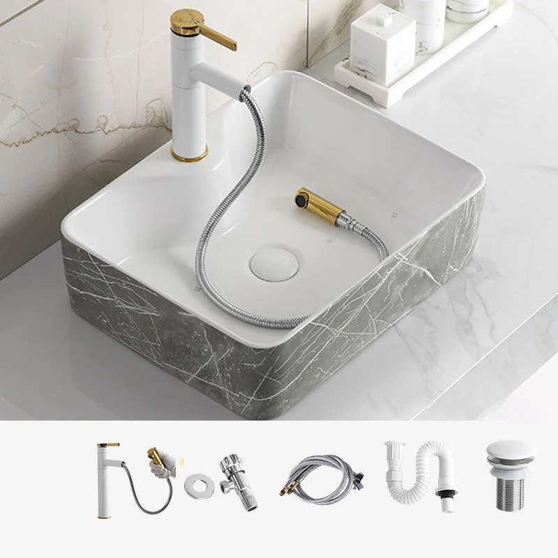 Modern Bathroom Sink Ceramic Marble Pattern Round Bathroom Sink with Pulling Tap -Bathlova