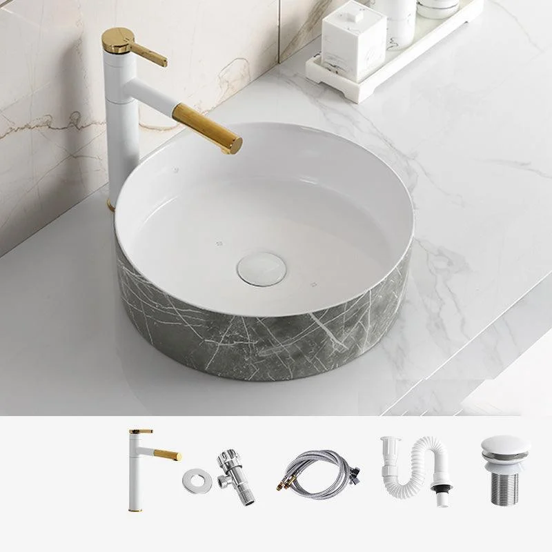 Modern Bathroom Sink Ceramic Marble Pattern Round Bathroom Sink with Pulling Tap -Bathlova