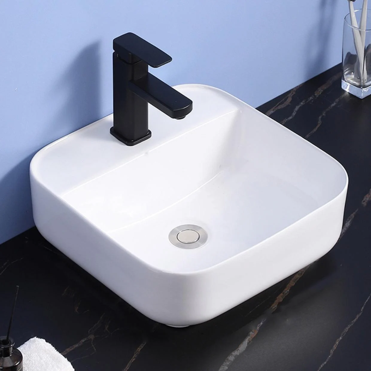 Modern Bathroom Sink Ceramic Rectangular White with Single Tap Hole Vessel Sink -Bathlova