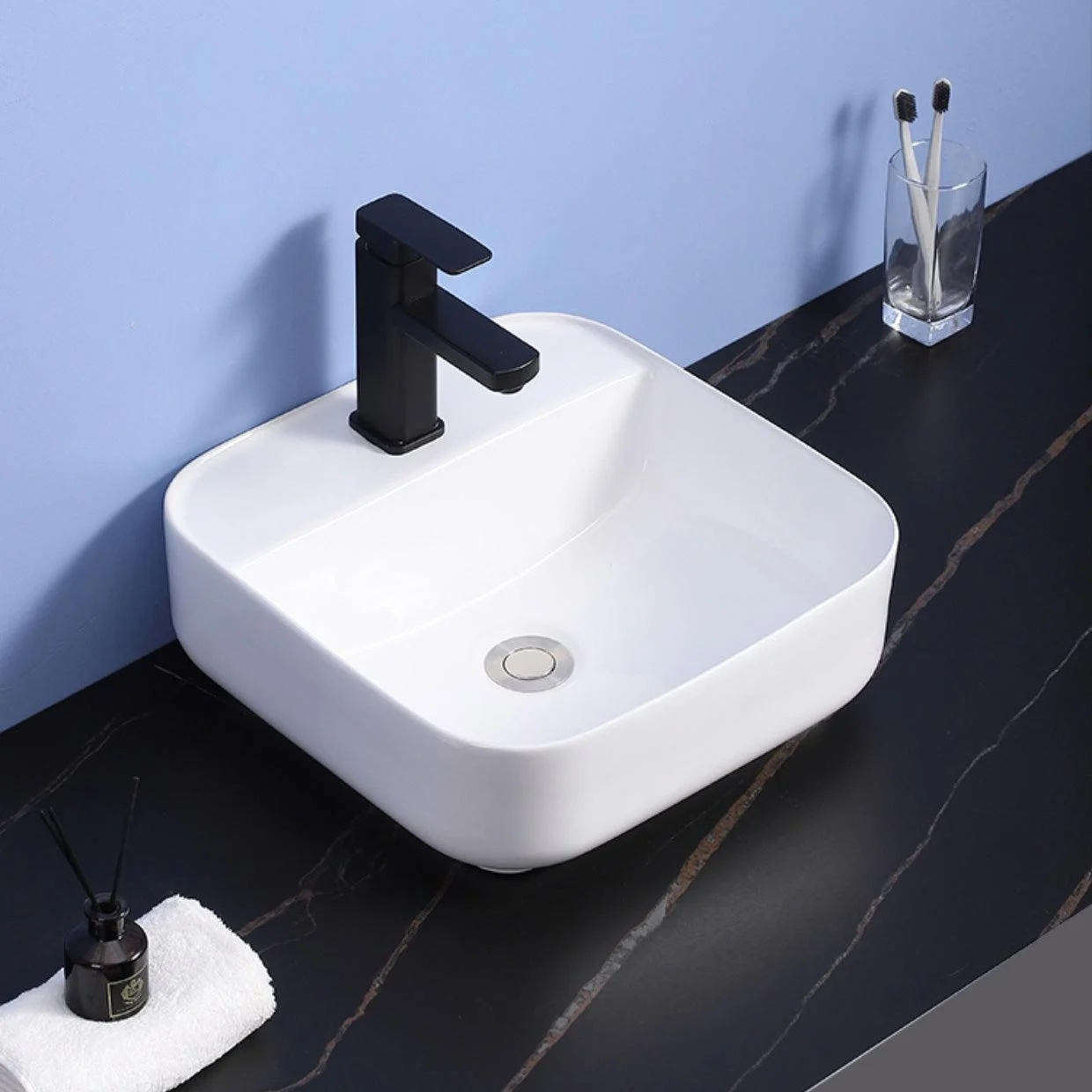 Modern Bathroom Sink Ceramic Rectangular White with Single Tap Hole Vessel Sink -Bathlova