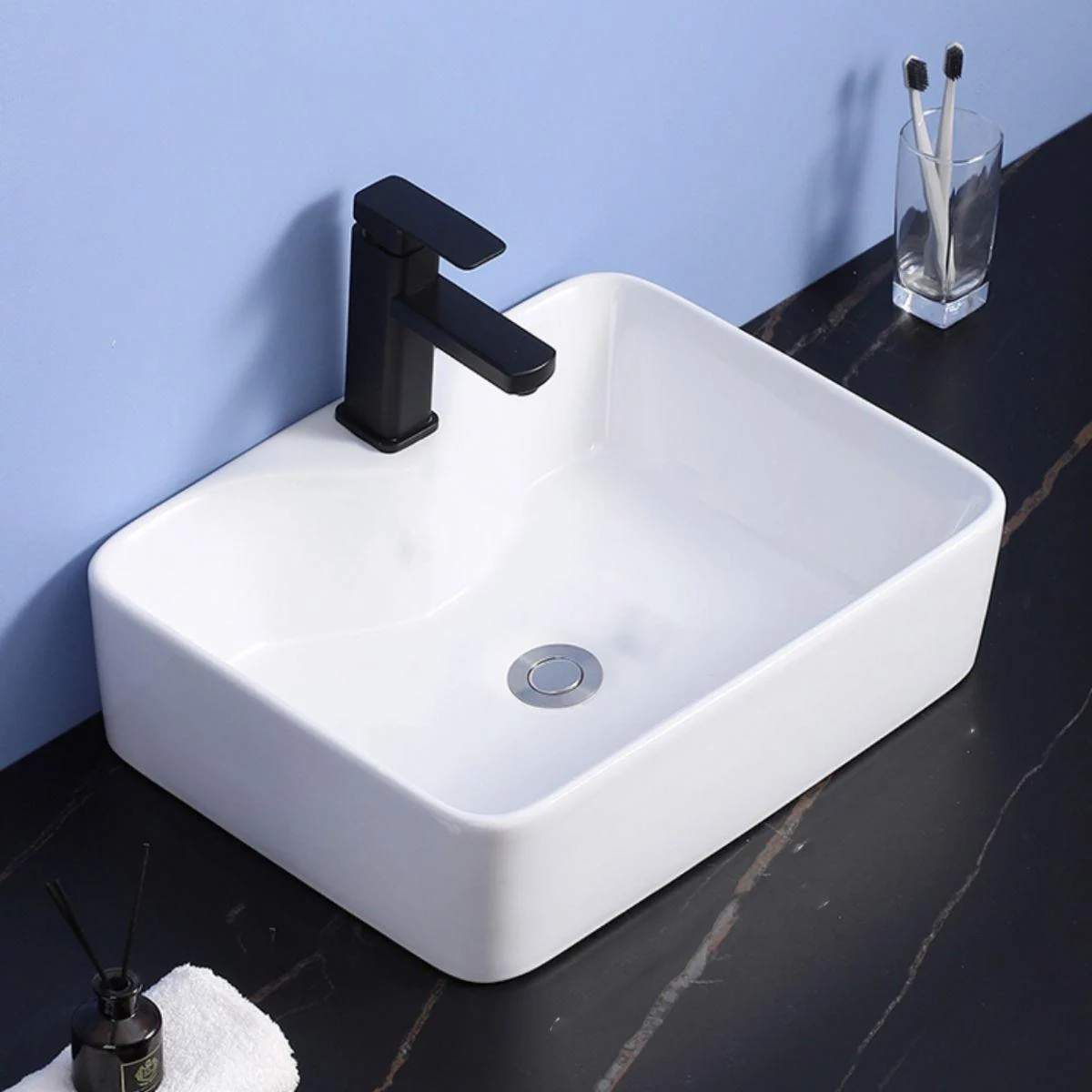 Modern Bathroom Sink Ceramic Rectangular White with Single Tap Hole Vessel Sink -Bathlova