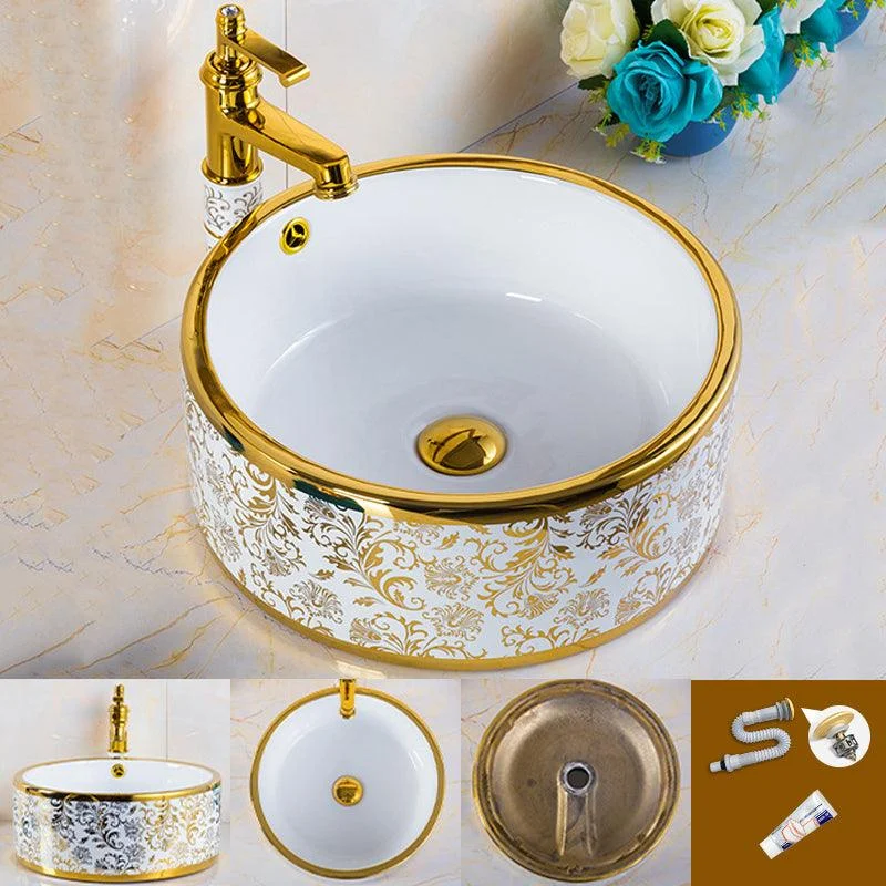 Modern Bathroom Sink Porcelain Round Hand Painted with Overflow and Tap Wash Stand -Bathlova