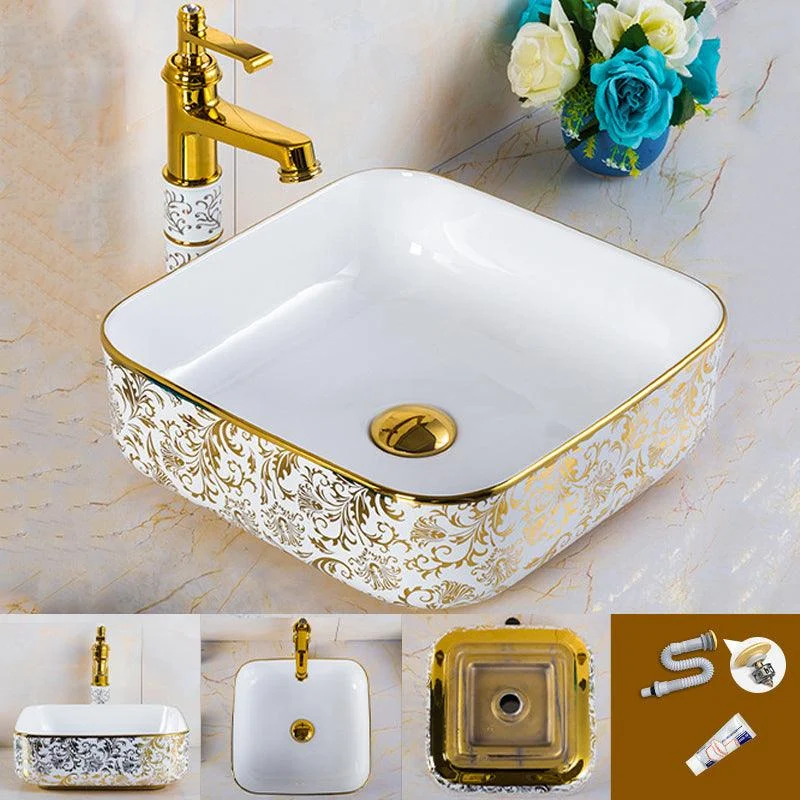 Modern Bathroom Sink Porcelain Round Hand Painted with Overflow and Tap Wash Stand -Bathlova