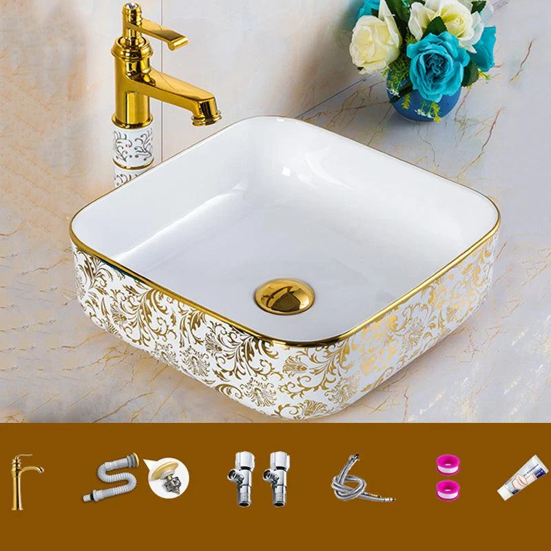 Modern Bathroom Sink Porcelain Round Hand Painted with Overflow and Tap Wash Stand -Bathlova