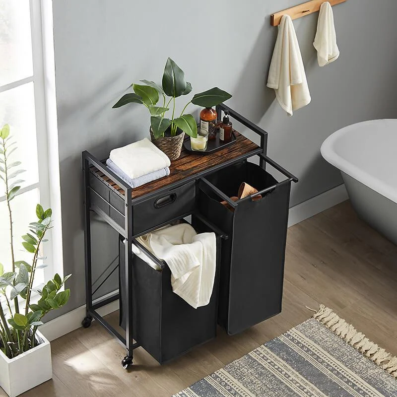 Modern Rustic Brown Laundry Hamper with Drawer - Top Shelf, 2 Laundry Sorter & 2 Bags -Bathlova