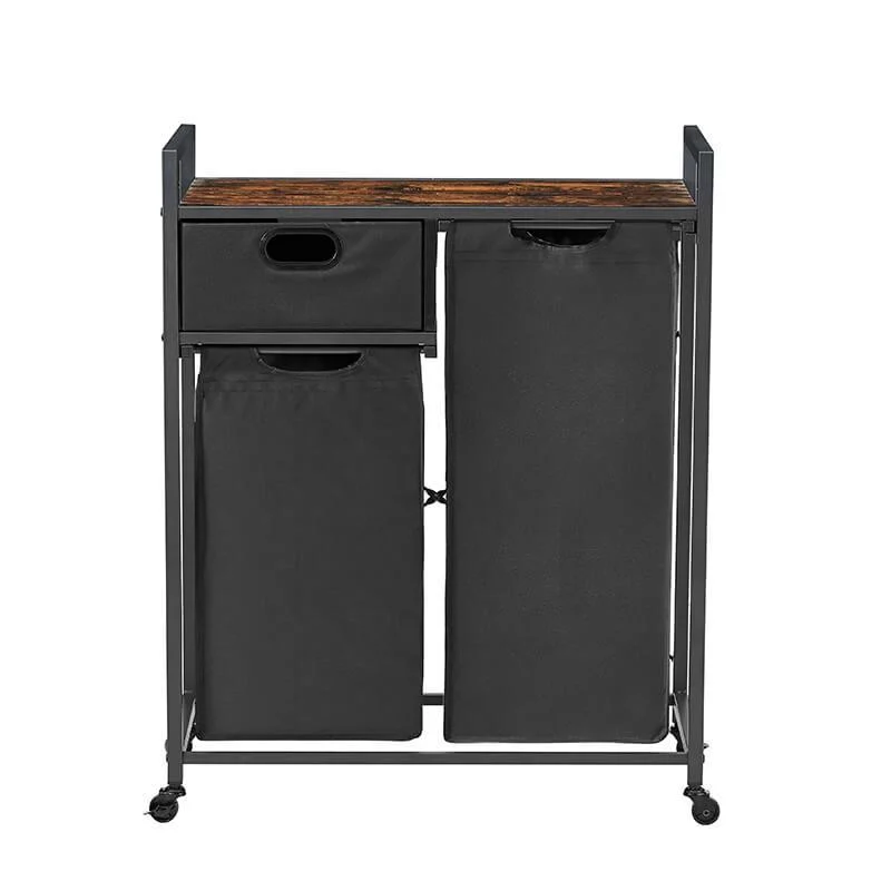 Modern Rustic Brown Laundry Hamper with Drawer - Top Shelf, 2 Laundry Sorter & 2 Bags -Bathlova