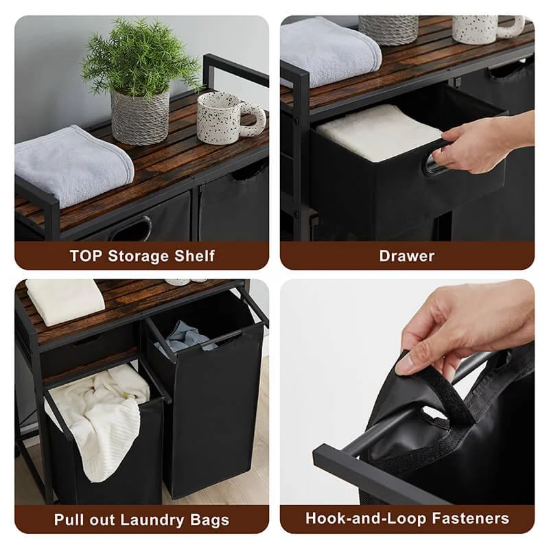 Modern Rustic Brown Laundry Hamper with Drawer - Top Shelf, 2 Laundry Sorter & 2 Bags -Bathlova