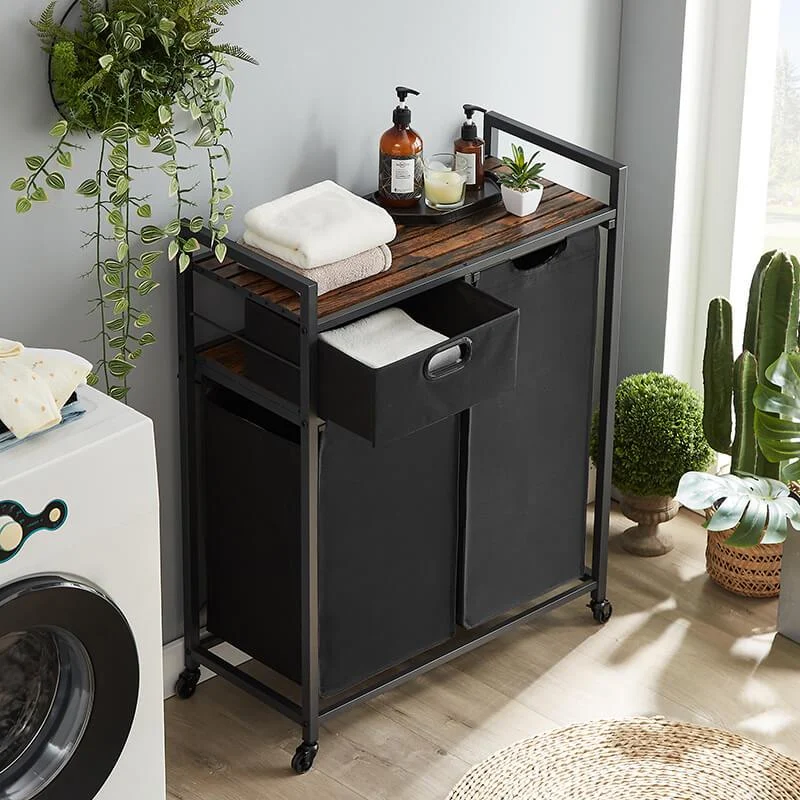 Modern Rustic Brown Laundry Hamper with Drawer - Top Shelf, 2 Laundry Sorter & 2 Bags -Bathlova