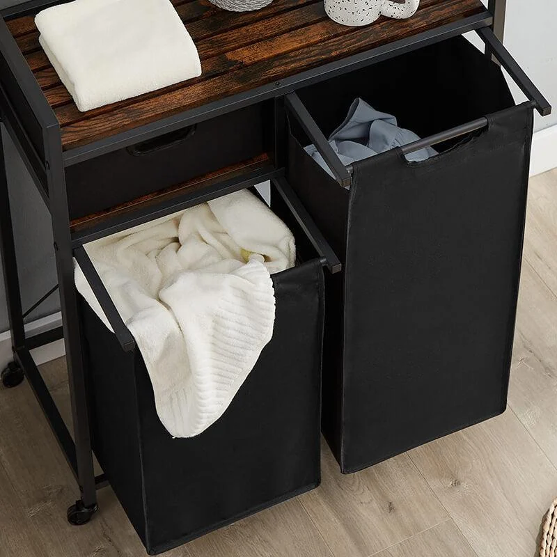 Modern Rustic Brown Laundry Hamper with Drawer - Top Shelf, 2 Laundry Sorter & 2 Bags -Bathlova