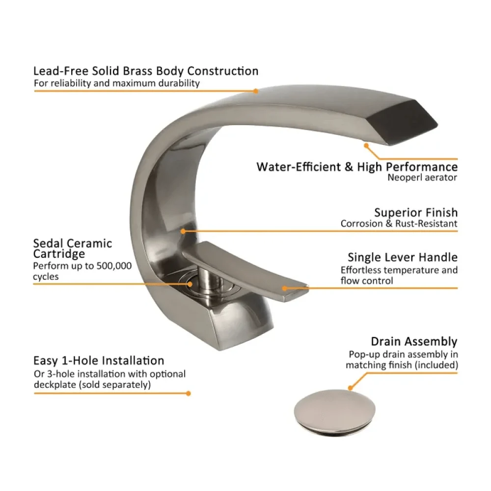 Modern Single Hole Curved Spout Tap with Pop Up Drain -Bathlova