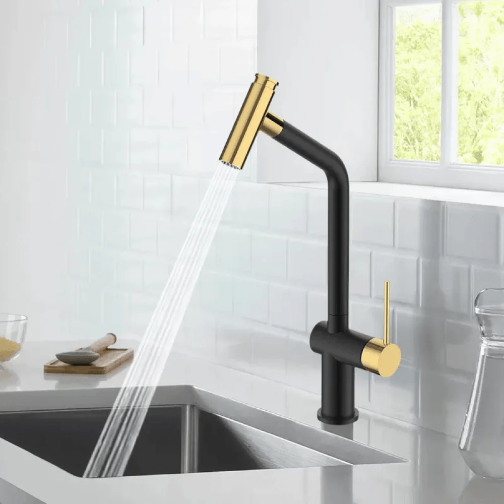 Modern Single-Hole Pull-Out Spray Kitchen Tap in Black & Gold -Bathlova