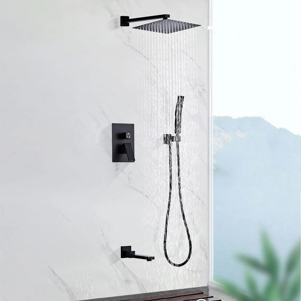 Modern Square Swivel Shower Metal Shower Head Shower Tap On Wall in Black -Bathlova