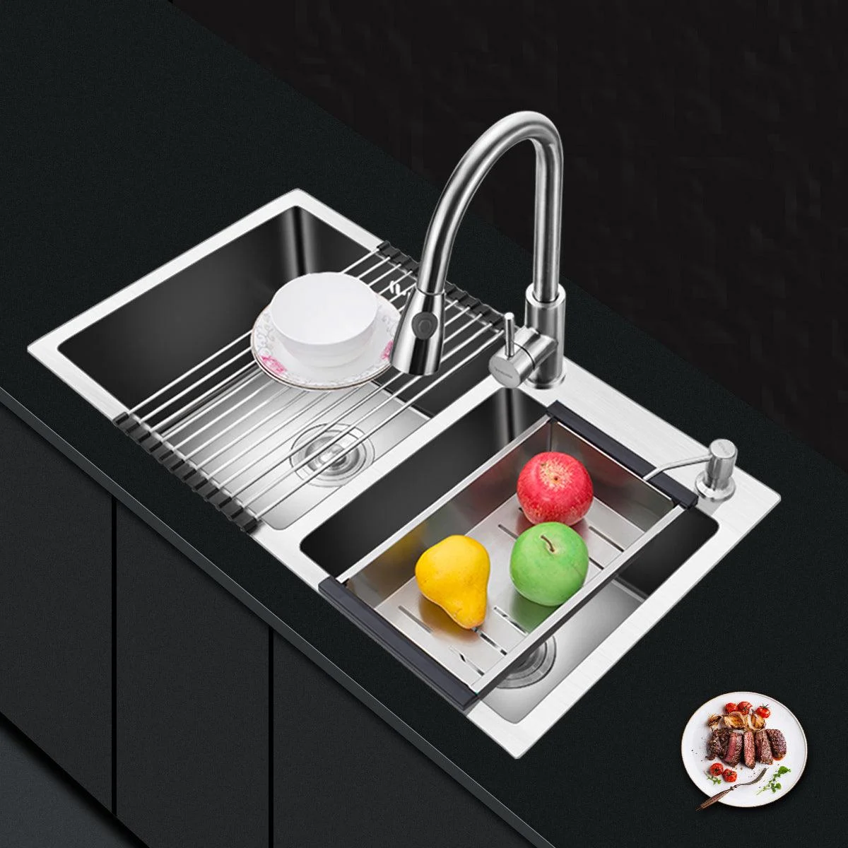 Modern Style Kitchen Sink Drop-In Kitchen Double Sink with Soundproofing -Bathlova