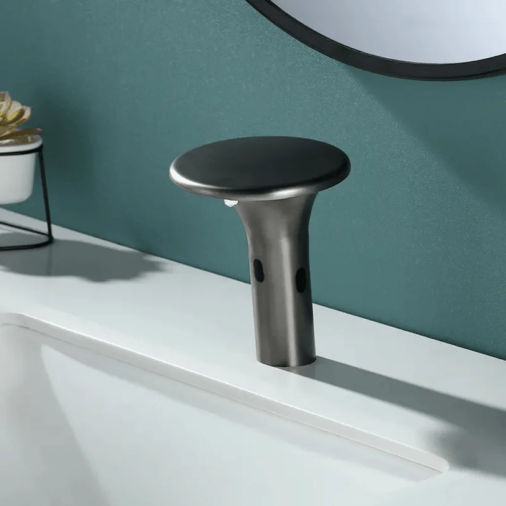 Modern Touchless Waterfall Bathroom Tap with Sensor Soap Dispenser in Gunmetal Gray -Bathlova