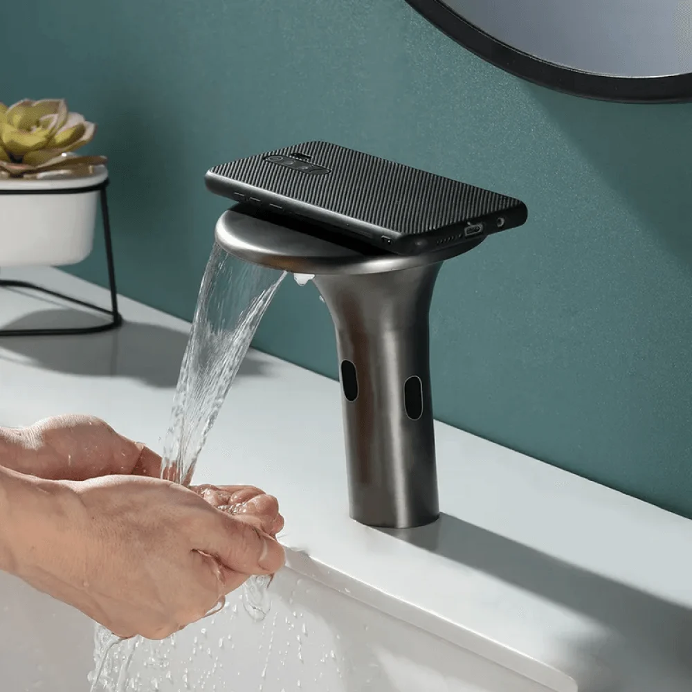 Modern Touchless Waterfall Bathroom Tap with Sensor Soap Dispenser in Gunmetal Gray -Bathlova