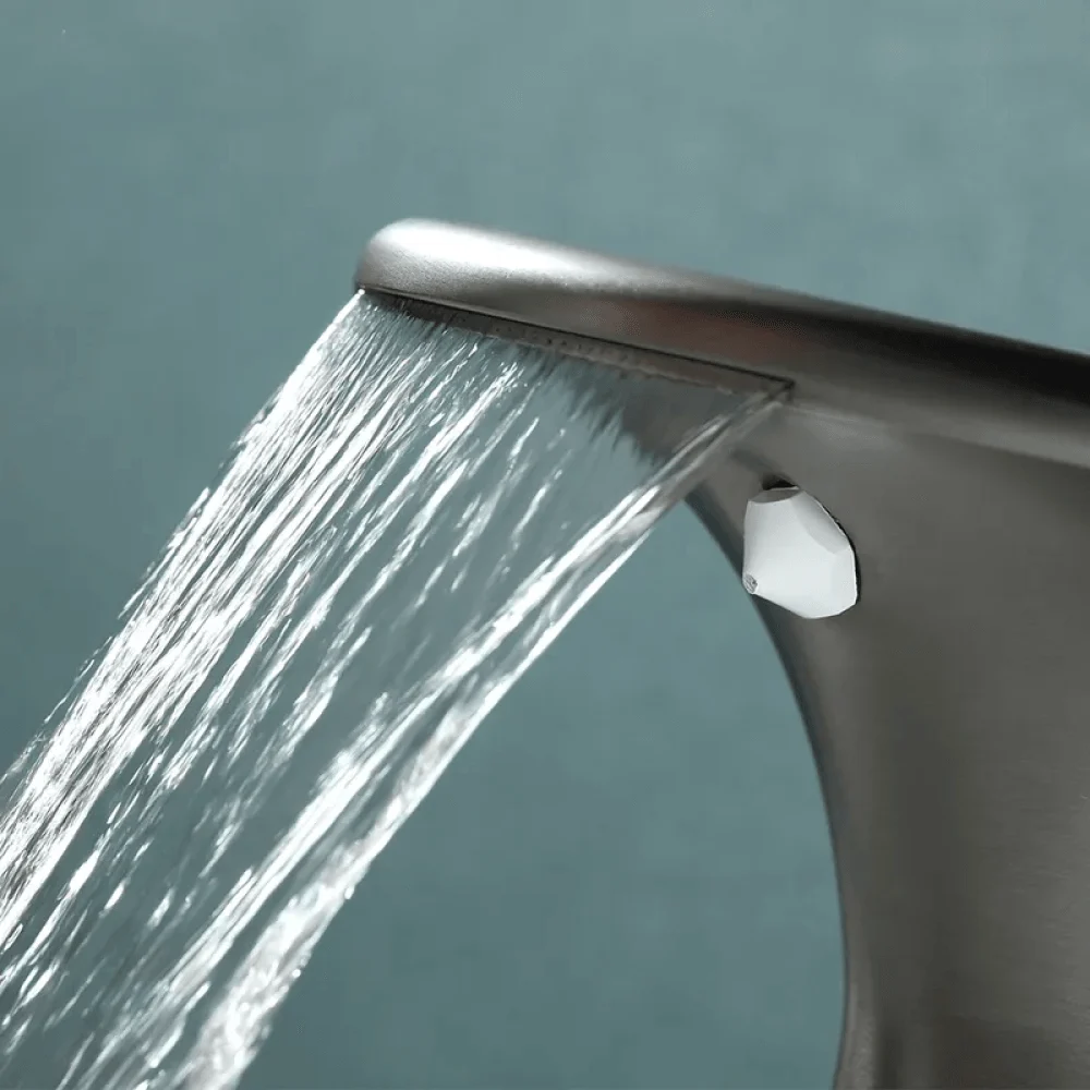 Modern Touchless Waterfall Bathroom Tap with Sensor Soap Dispenser in Gunmetal Gray -Bathlova