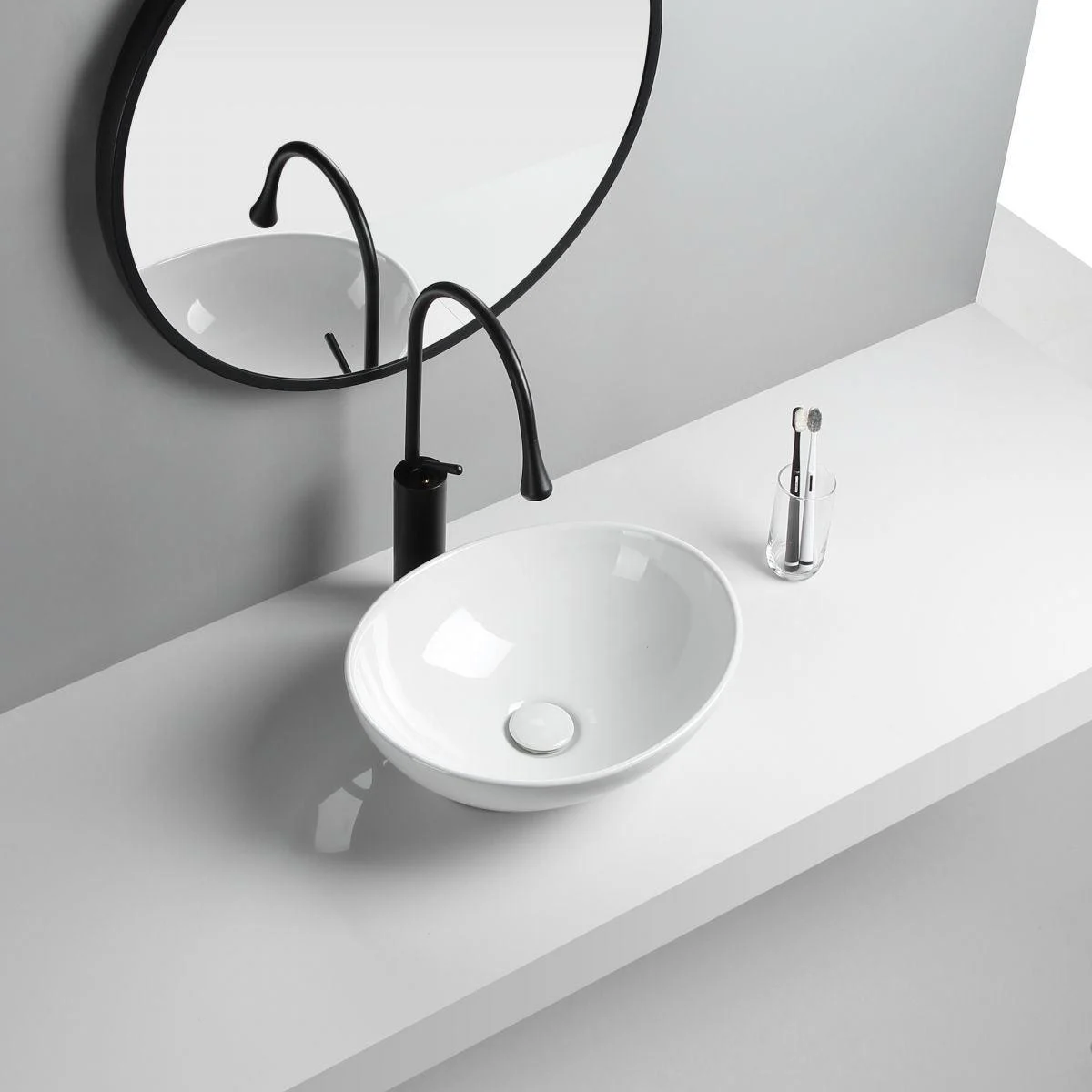 Modern Vessel Lavatory Sink Porcelain Oval with Tap and Drain Assembly Vessel Sink -Bathlova