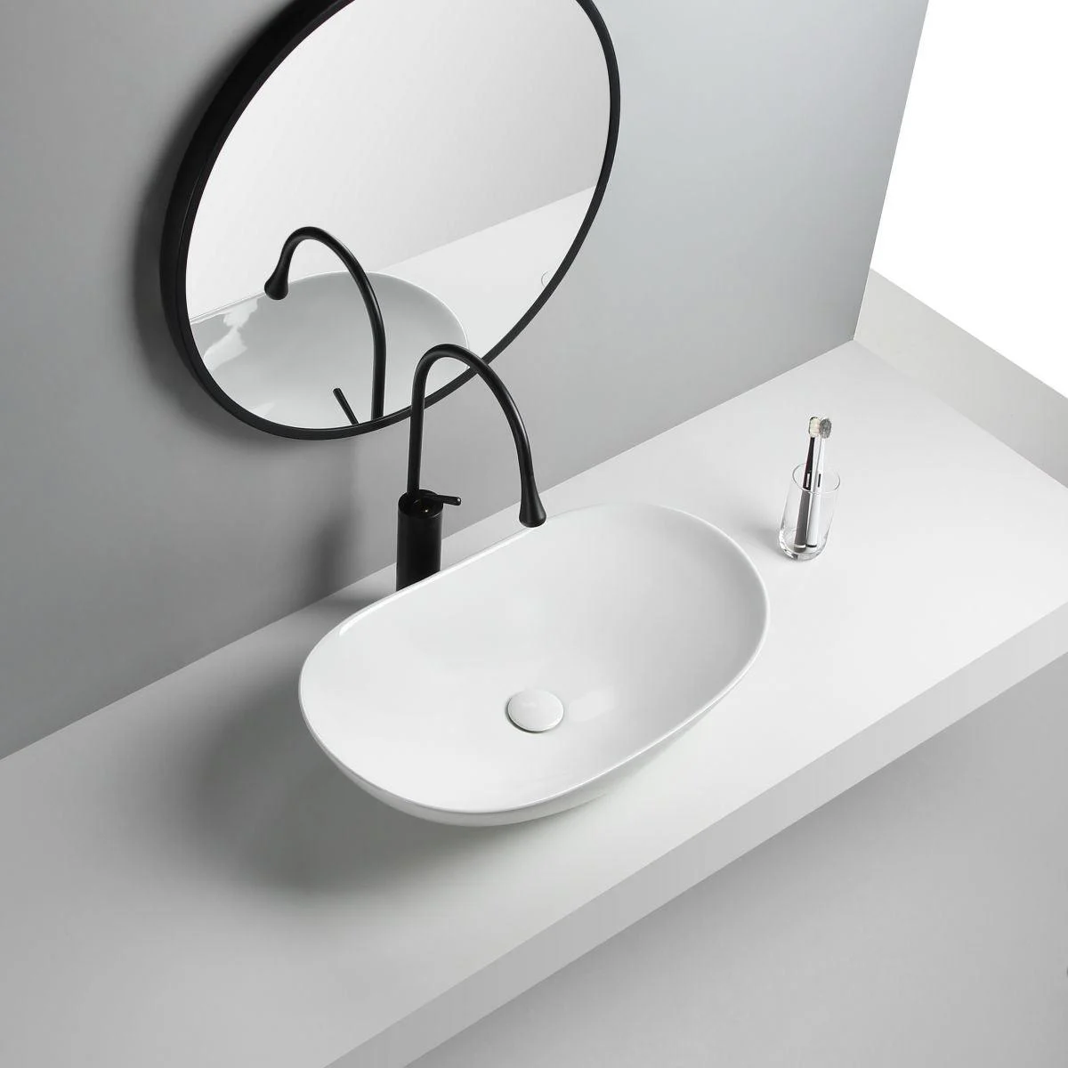 Modern Vessel Lavatory Sink Porcelain Oval with Tap and Drain Assembly Vessel Sink -Bathlova