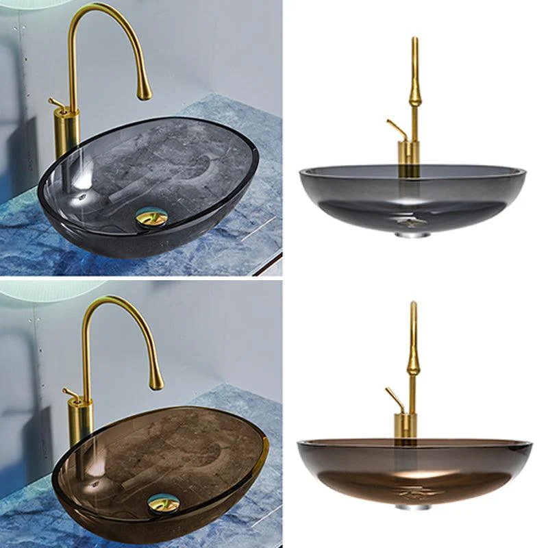 Modern Vessel Sink Oval Glass with Pop-Up Drain and Tap Vessel Bathroom Sink -Bathlova