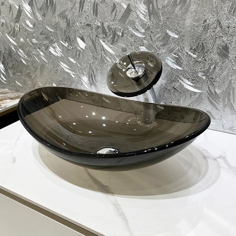 Modern Vessel Sink Oval Glass with Pop-Up Drain and Tap Vessel Lavatory Sink -Bathlova