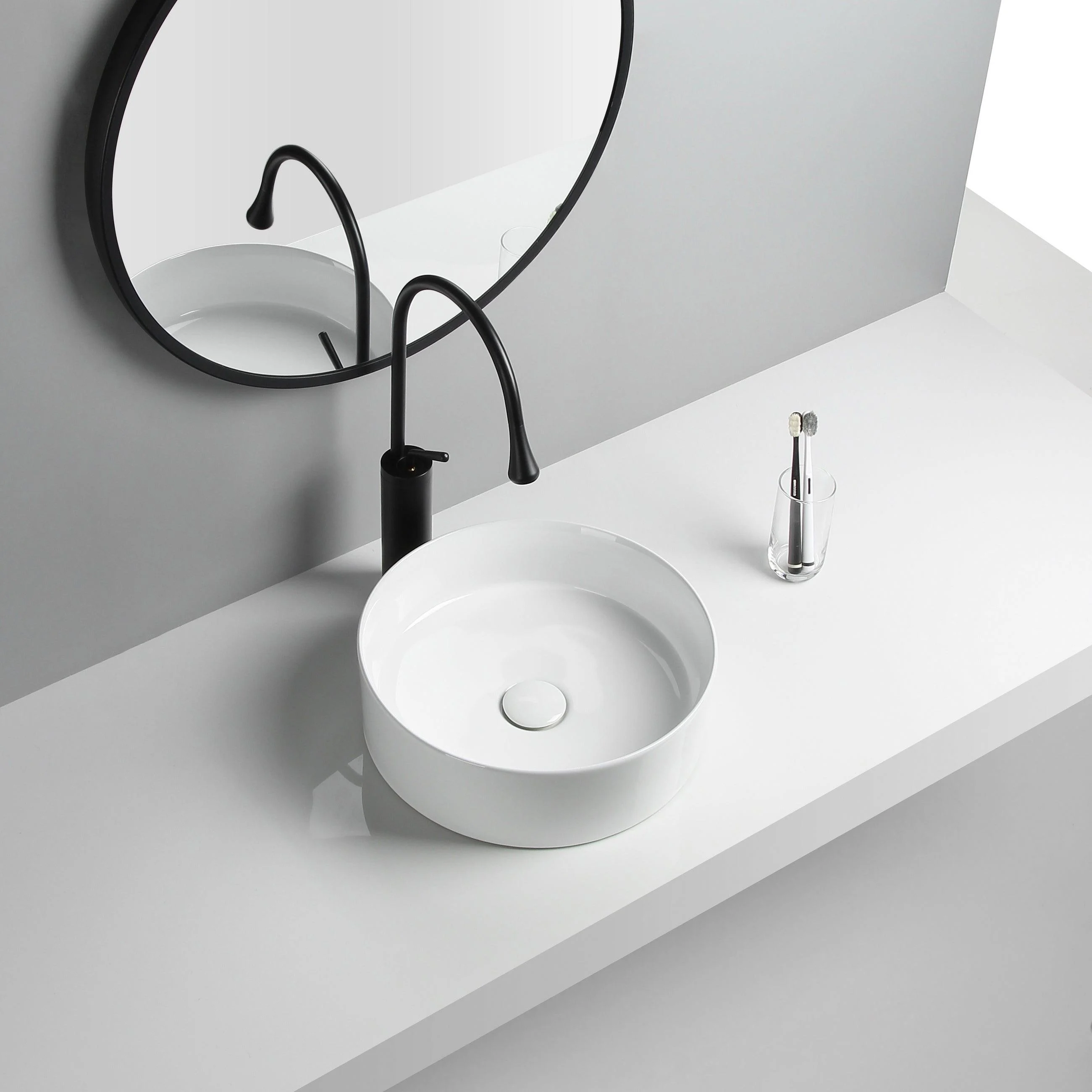 Modern Vessel Sink Round Porcelain Drain Assembly and Tap Vessel Lavatory Sink -Bathlova