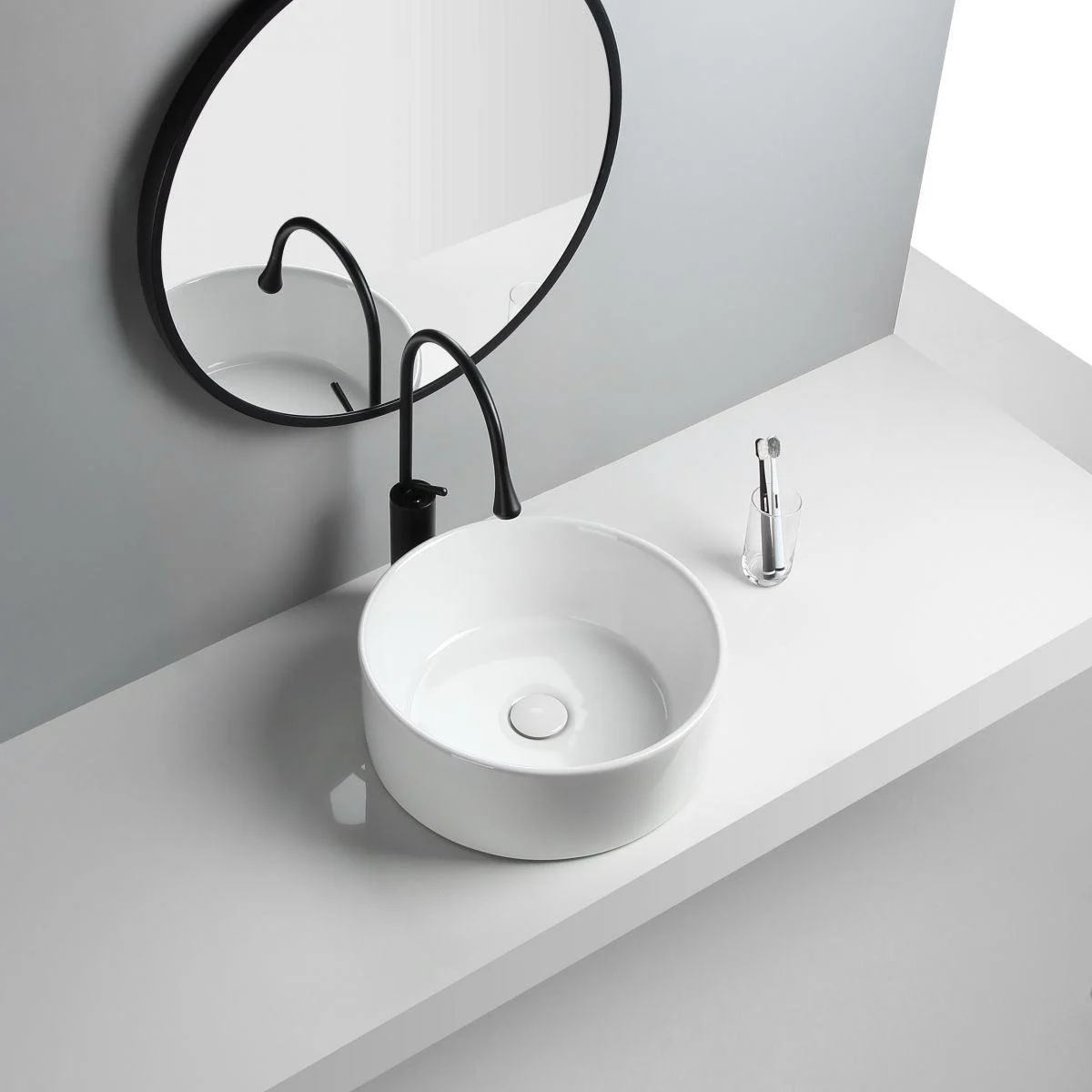 Modern Vessel Sink Round Porcelain Drain Assembly and Tap Vessel Lavatory Sink -Bathlova