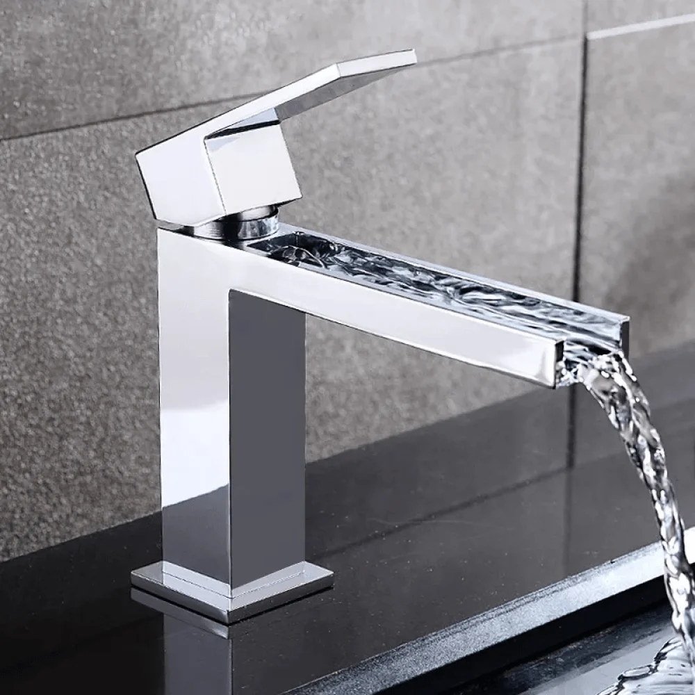 Modern Waterfall 1-Hole Bathroom Tap in Polished Chrome Solid Brass Sink -Bathlova