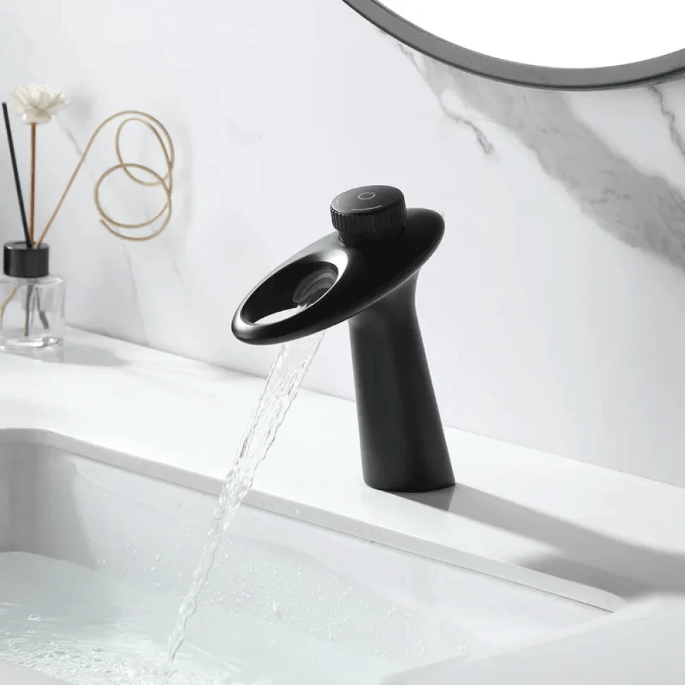 Modern Waterfall Single Knob Bathroom Tap in Black -Bathlova