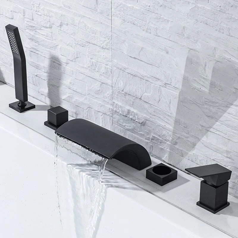 Modern Waterfall Tub Spout 2 Handles Deck Mount Roman Tub Tap in Black and Chrome -Bathlova